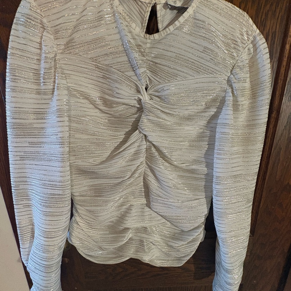 Dressy shimmery white ruched blouse with gold/silver stripes.by IRO. EUC - Picture 2 of 10